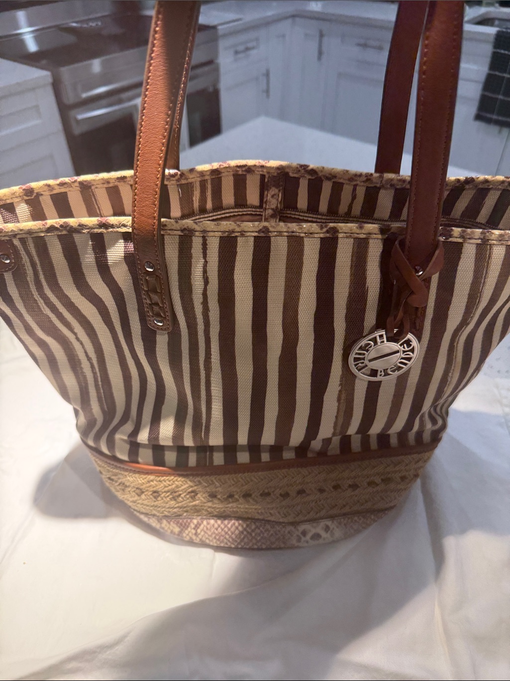 Henri Bendel Brown & Cream Striped Tote With Leather Handles